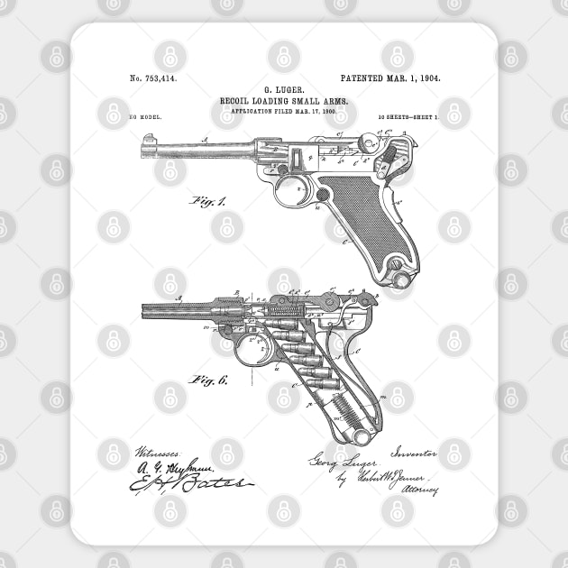 Luger Pistol Firearms Patent - Gun Lover Vintage Guns Art - White Sticker by patentpress